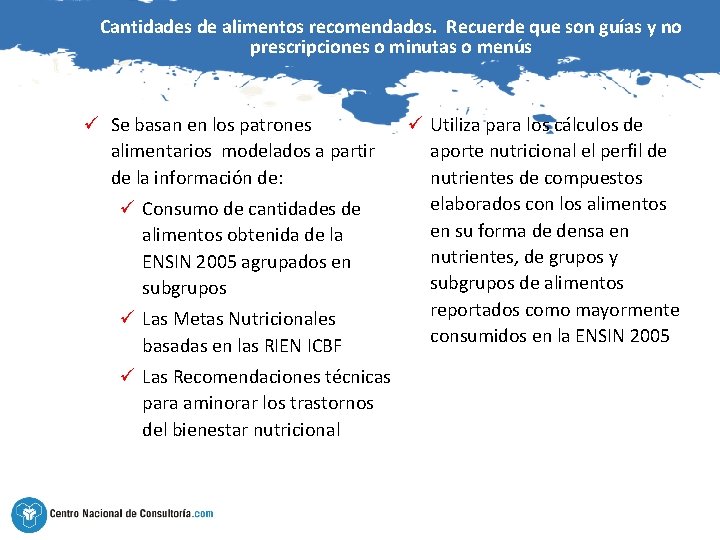 Cantidades de alimentos recomendados. Recuerde que son guías y no prescripciones o minutas o