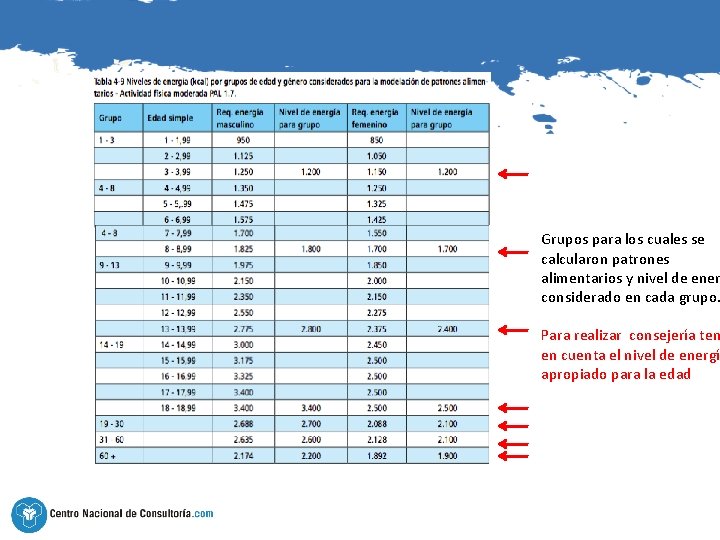 Grupos para los cuales se calcularon patrones alimentarios y nivel de ener considerado en