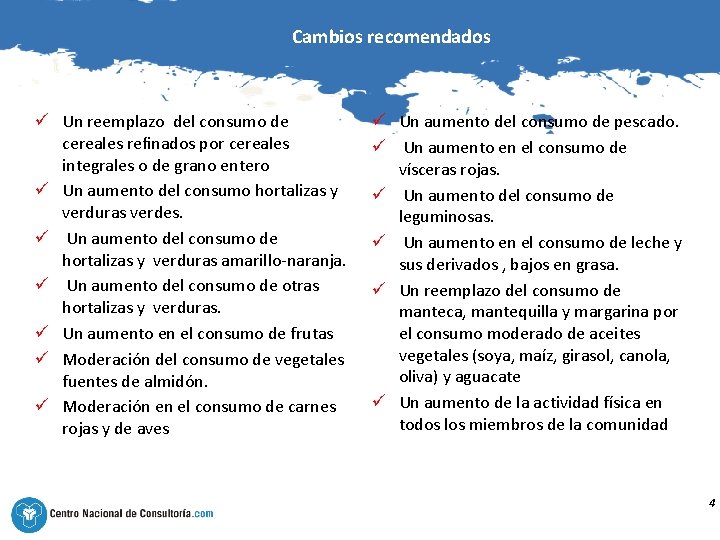 Cambios recomendados ü Un reemplazo del consumo de cereales reﬁnados por cereales integrales o