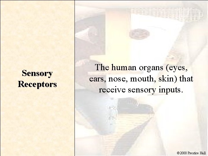 Sensory Receptors The human organs (eyes, ears, nose, mouth, skin) that receive sensory inputs.