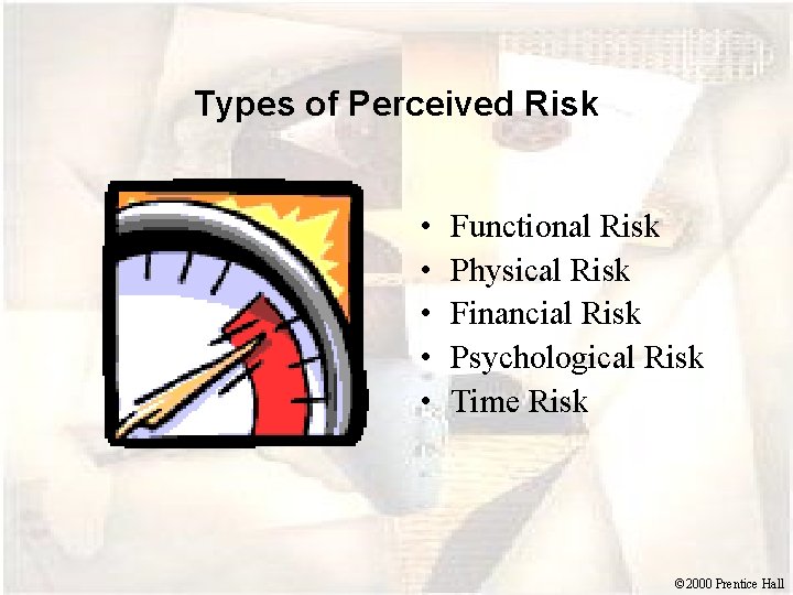 Types of Perceived Risk • • • Functional Risk Physical Risk Financial Risk Psychological