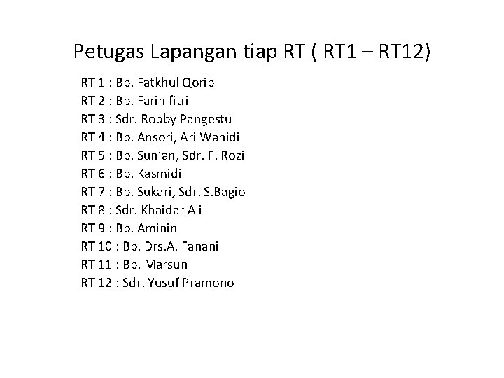 Petugas Lapangan tiap RT ( RT 1 – RT 12) RT 1 : Bp.