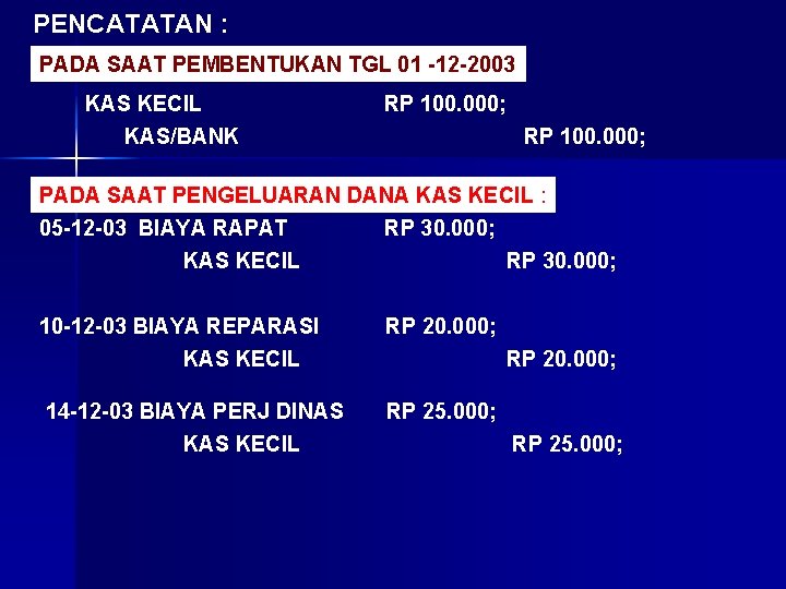 PENCATATAN : PADA SAAT PEMBENTUKAN TGL 01 -12 -2003 KAS KECIL KAS/BANK RP 100.