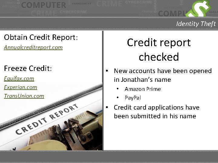 Identity Theft Obtain Credit Report: Annualcreditreport. com Freeze Credit: Equifax. com Experian. com Trans.