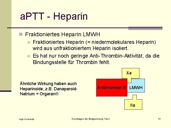 a. PTT - Heparin n Fraktioniertes Heparin LMWH n Fraktioniertes Heparin (= niedermolekulares Heparin)