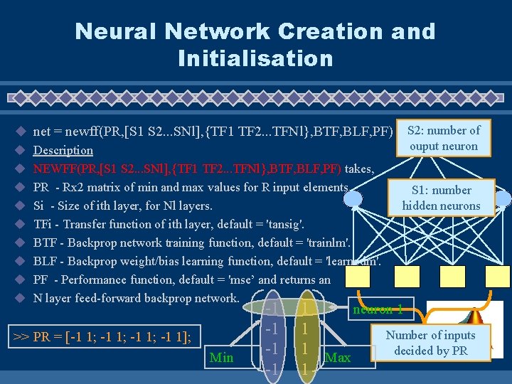 Neural Network Creation and Initialisation u net = newff(PR, [S 1 S 2. .