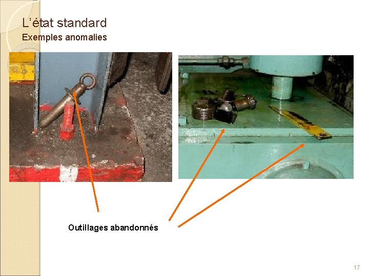 L’état standard Exemples anomalies Outillages abandonnés 17 