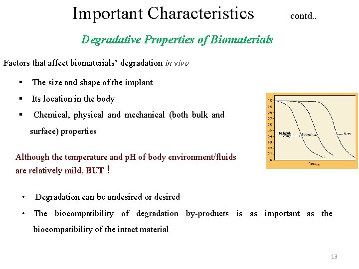 Important Characteristics contd. . Degradative Properties of Biomaterials Factors that affect biomaterials’ degradation in
