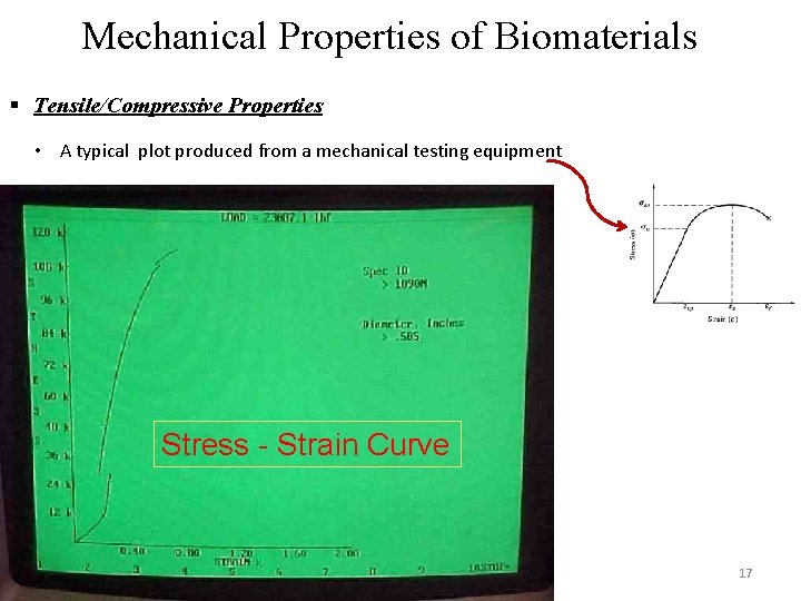 Mechanical Properties of Biomaterials § Tensile/Compressive Properties • A typical plot produced from a