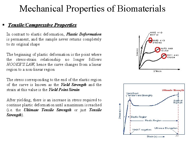 Mechanical Properties of Biomaterials § Tensile/Compressive Properties In contrast to elastic deformation, Plastic Deformation