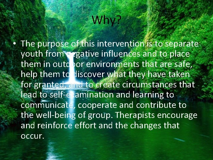 Why? • The purpose of this intervention is to separate youth from negative influences