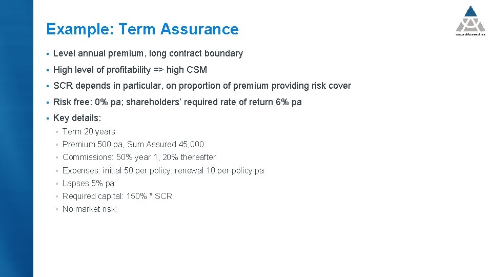 Example: Term Assurance § Level annual premium, long contract boundary § High level of