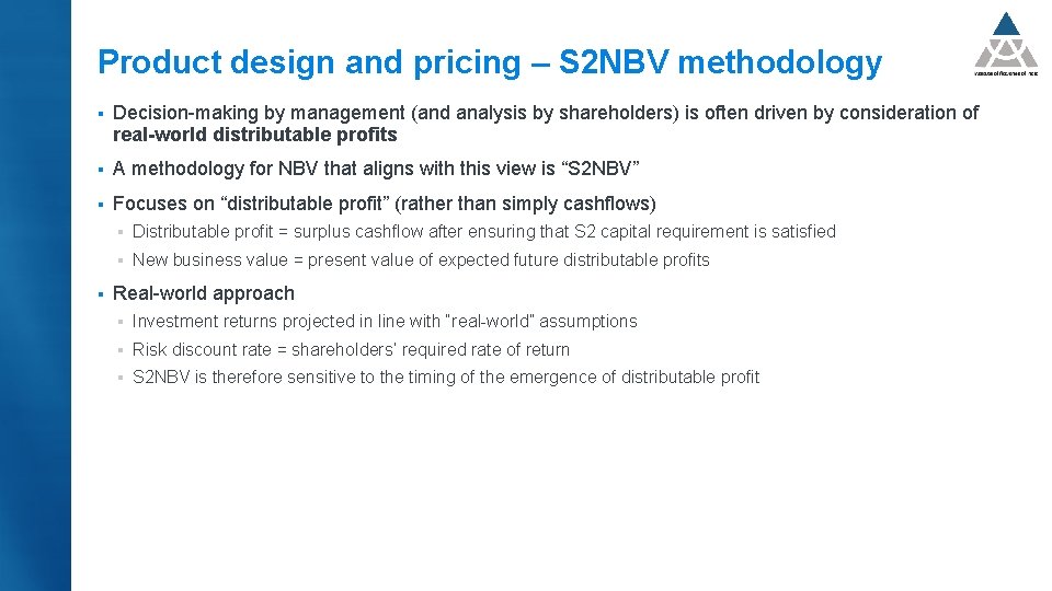 Product design and pricing – S 2 NBV methodology § Decision-making by management (and