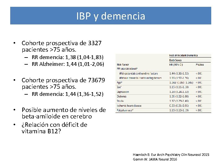 IBP y demencia • Cohorte prospectiva de 3327 pacientes >75 años. – RR demencia: