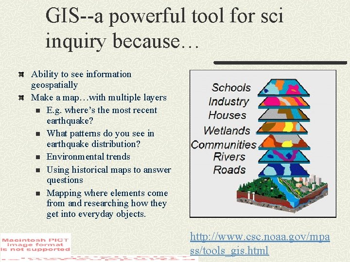 GIS--a powerful tool for sci inquiry because… Ability to see information geospatially Make a