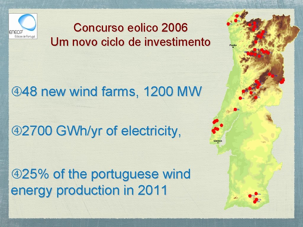 Concurso eolico 2006 Um novo ciclo de investimento 48 new wind farms, 1200 MW