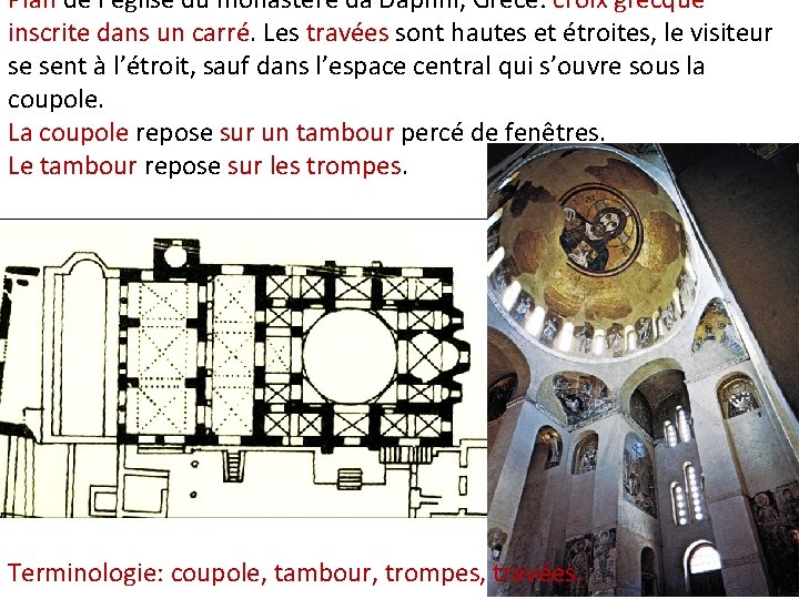 Plan de l’église du monastère da Daphni, Grèce: croix grecque inscrite dans un carré.