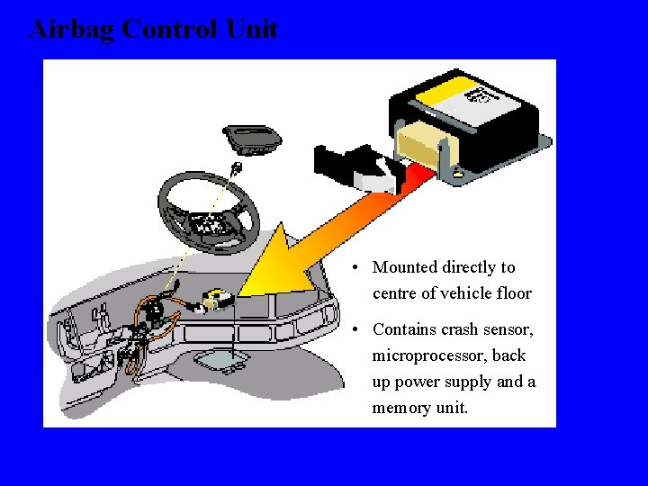 Airbag Control Unit • Mounted directly to centre of vehicle floor • Contains crash