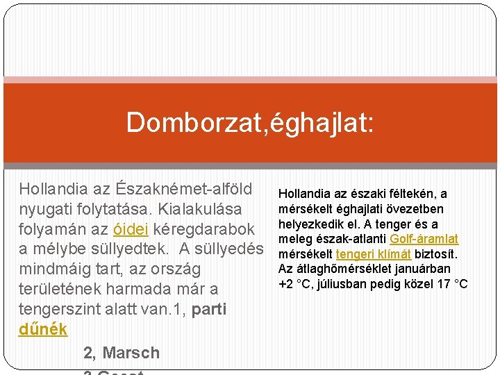 Domborzat, éghajlat: Hollandia az Északnémet-alföld nyugati folytatása. Kialakulása folyamán az óidei kéregdarabok a mélybe