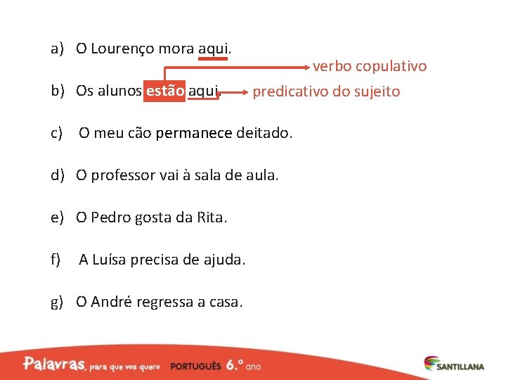 a) O Lourenço mora aqui. b) Os alunos estão aqui. verbo copulativo predicativo do