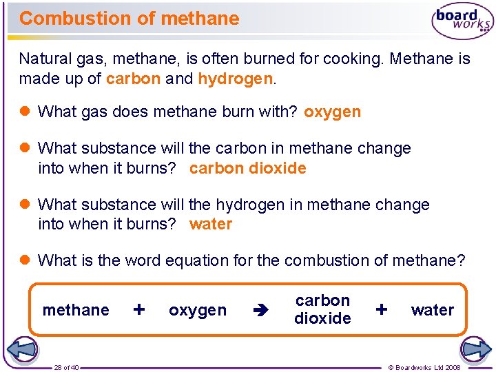 Combustion of methane Natural gas, methane, is often burned for cooking. Methane is made