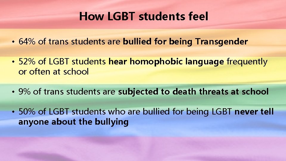 How LGBT students feel • 64% of trans students are bullied for being Transgender