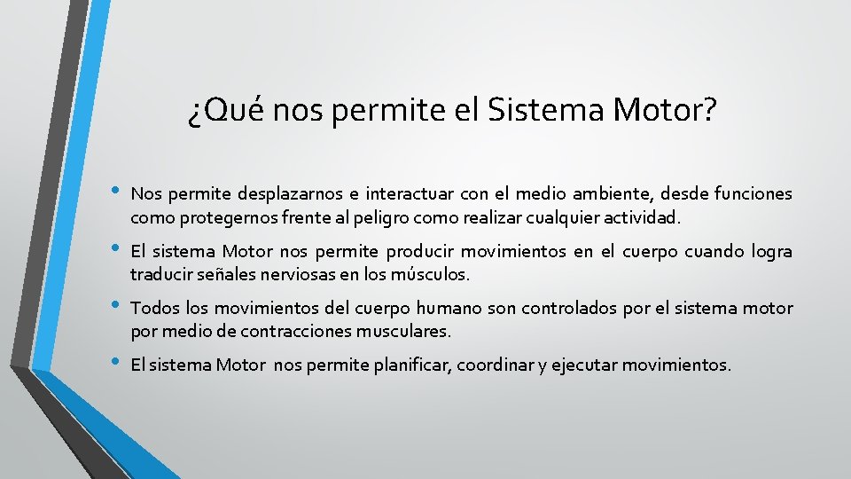 ¿Qué nos permite el Sistema Motor? • Nos permite desplazarnos e interactuar con el