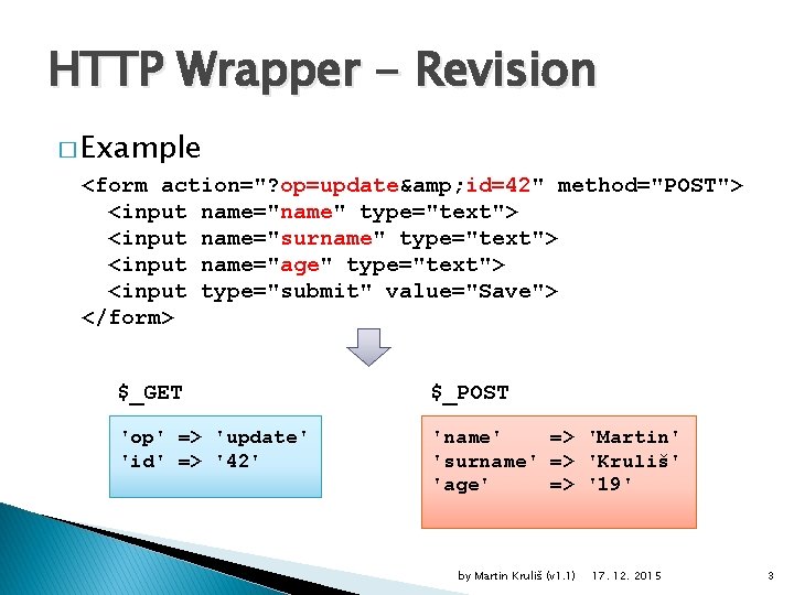 HTTP Wrapper - Revision � Example <form action="? op=update& id=42" method="POST"> <input name="name" type="text">