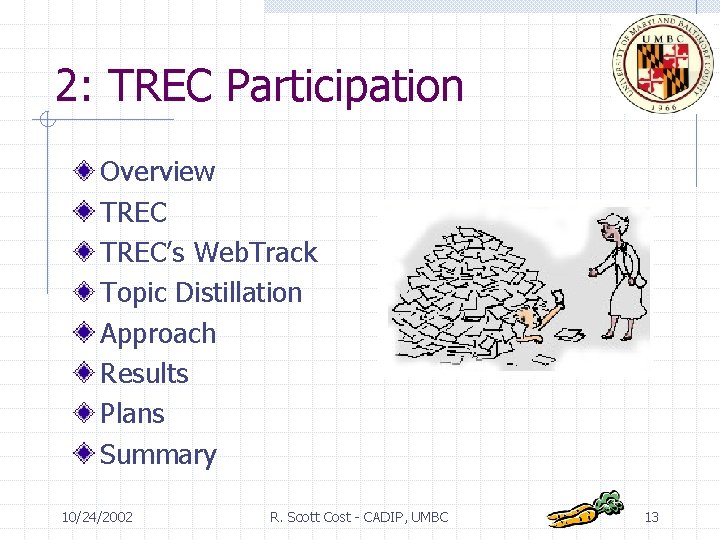 2: TREC Participation Overview TREC’s Web. Track Topic Distillation Approach Results Plans Summary 10/24/2002