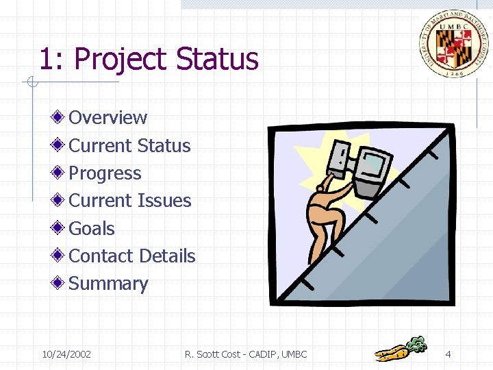 1: Project Status Overview Current Status Progress Current Issues Goals Contact Details Summary 10/24/2002