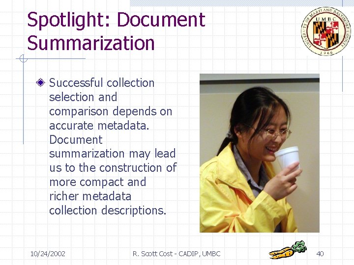 Spotlight: Document Summarization Successful collection selection and comparison depends on accurate metadata. Document summarization