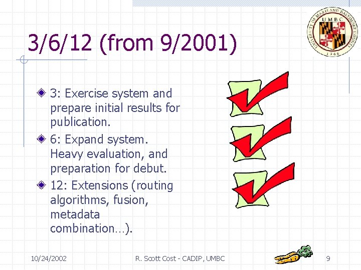 3/6/12 (from 9/2001) 3: Exercise system and prepare initial results for publication. 6: Expand