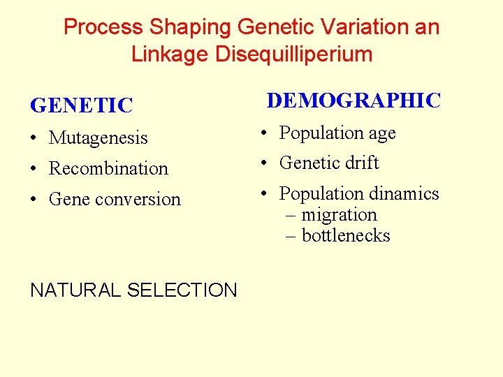 Process Shaping Genetic Variation an Linkage Disequilliperium GENETIC DEMOGRAPHIC • Mutagenesis • Population age