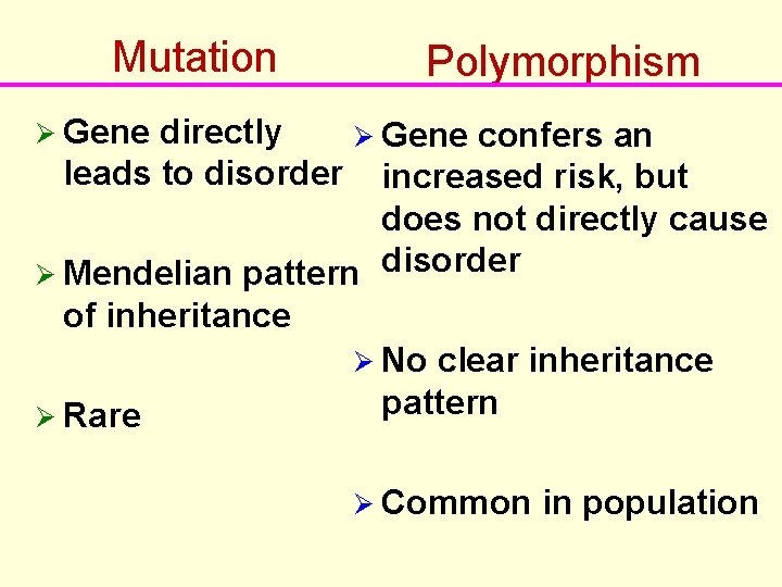 Mutation Polymorphism Ø Gene directly Ø Gene confers an leads to disorder increased risk,
