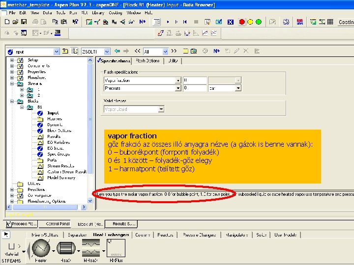 vapor fraction gőz frakció az összes illó anyagra nézve (a gázok is benne vannak):