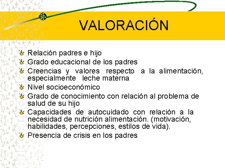 VALORACIÓN Relación padres e hijo Grado educacional de los padres Creencias y valores respecto