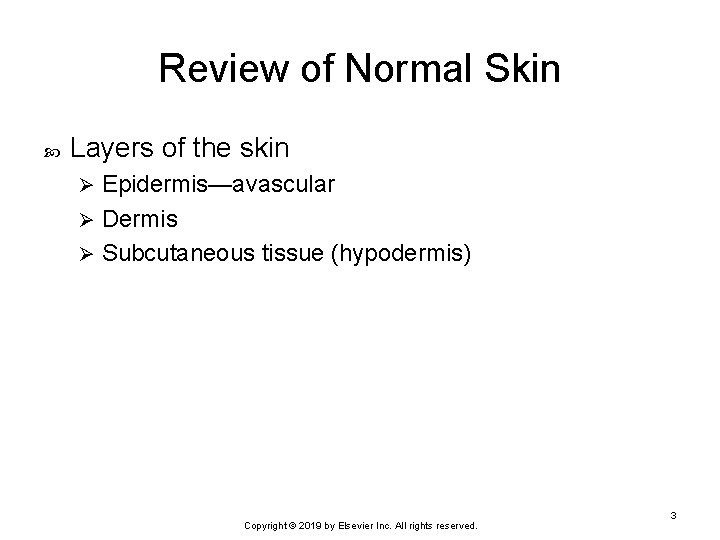 Review of Normal Skin Layers of the skin Epidermis—avascular Ø Dermis Ø Subcutaneous tissue