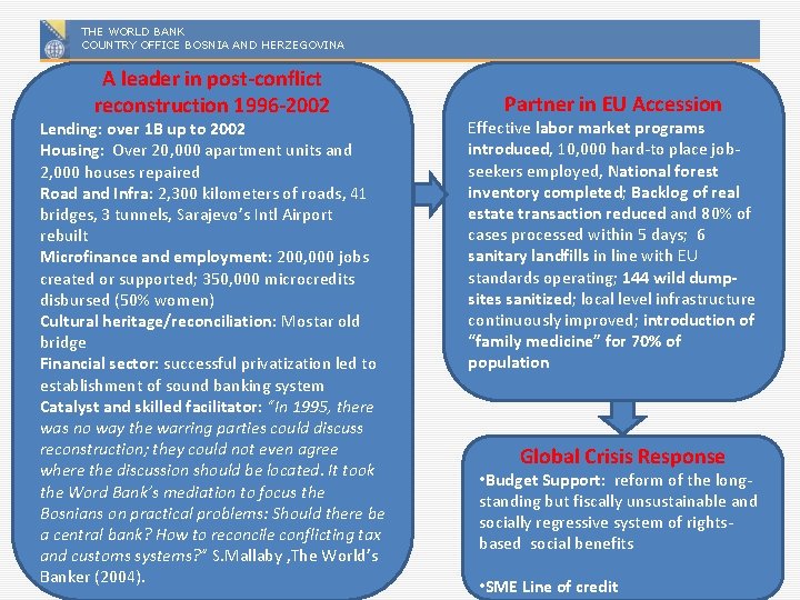 THE WORLD BANK COUNTRY OFFICE BOSNIA AND HERZEGOVINA A leader in post-conflict reconstruction 1996