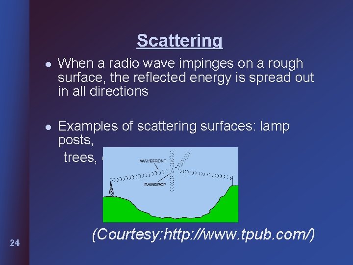 Scattering 24 l When a radio wave impinges on a rough surface, the reflected