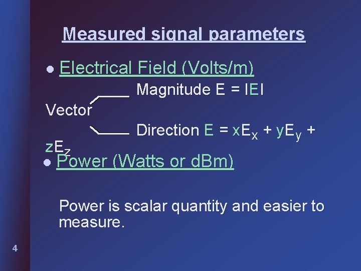 Measured signal parameters l Electrical Field (Volts/m) Magnitude E = IEI Vector z. Ez