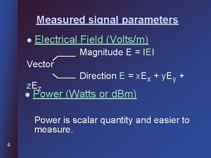 Measured signal parameters l Electrical Field (Volts/m) Magnitude E = IEI Vector z. Ez Measured signal parameters l Electrical Field (Volts/m) Magnitude E = IEI Vector z. Ez