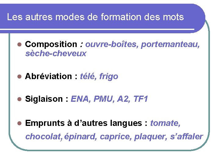 Les autres modes de formation des mots Composition : ouvre-boîtes, portemanteau, sèche-cheveux Abréviation :