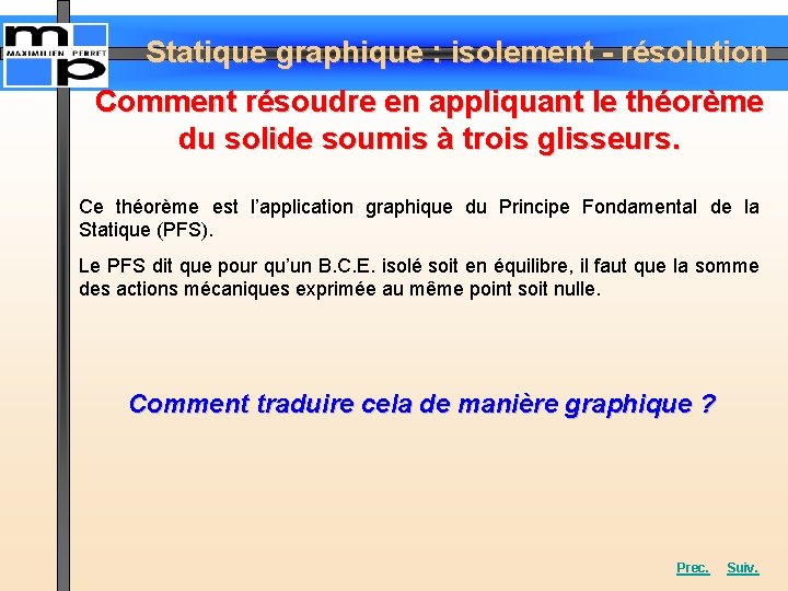 Statique graphique : isolement - résolution Comment résoudre en appliquant le théorème du solide