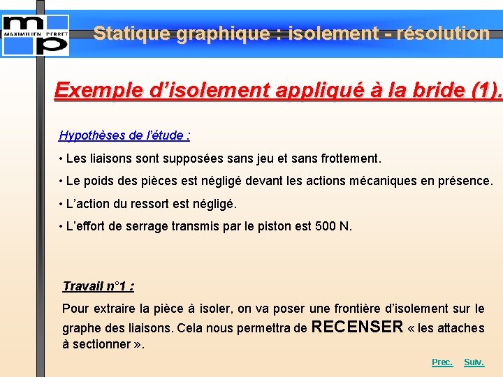 Statique graphique : isolement - résolution Exemple d’isolement appliqué à la bride (1). Hypothèses