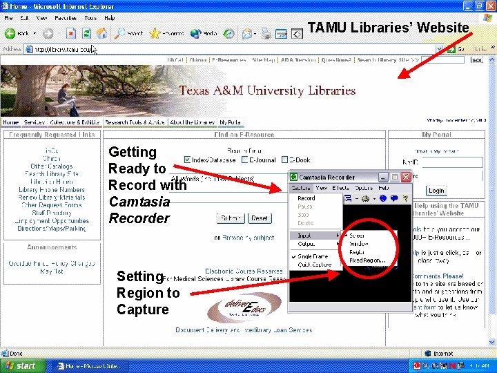 TAMU Libraries’ Website Getting Ready to Record with Camtasia Recorder Setting Region to Capture