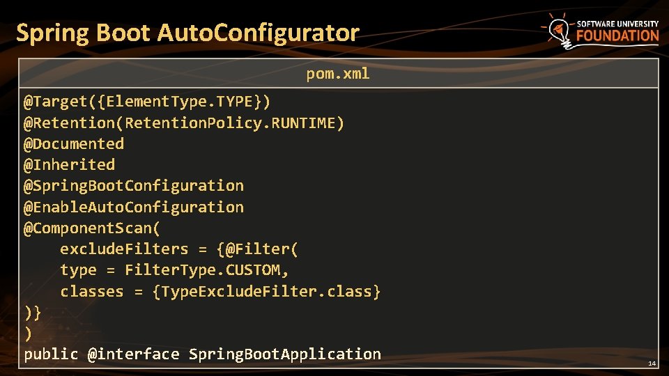 Spring Boot Auto. Configurator pom. xml @Target({Element. Type. TYPE}) @Retention(Retention. Policy. RUNTIME) @Documented @Inherited