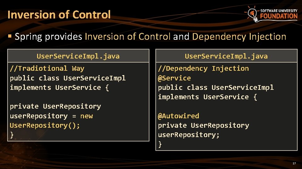 Inversion of Control § Spring provides Inversion of Control and Dependency Injection User. Service.