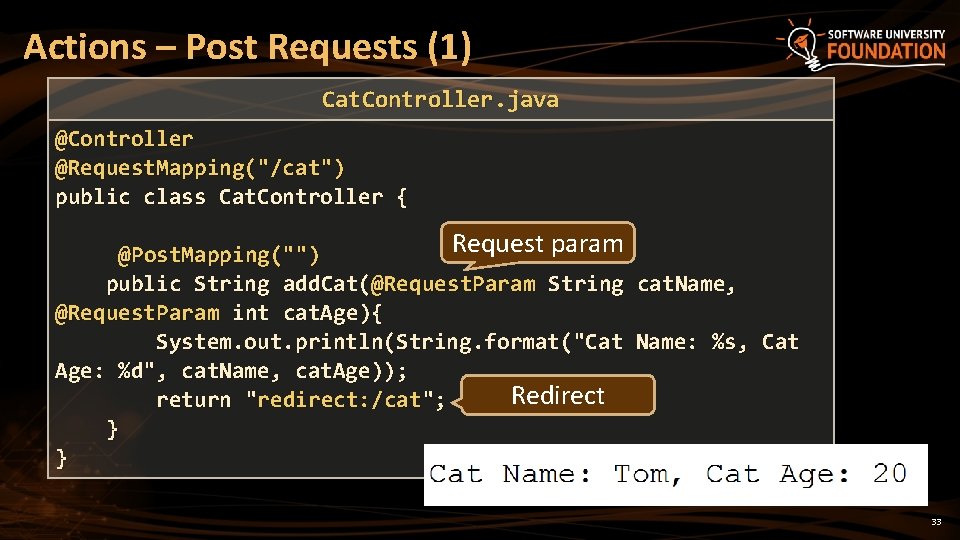 Actions – Post Requests (1) Cat. Controller. java Cat. Controller @Request. Mapping("/cat") public class