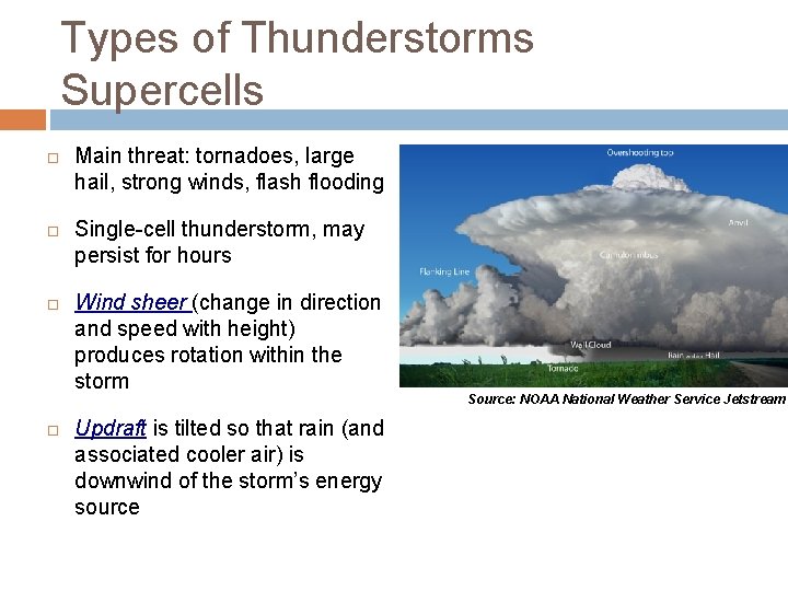 Types of Thunderstorms Supercells Main threat: tornadoes, large hail, strong winds, flash flooding Single-cell