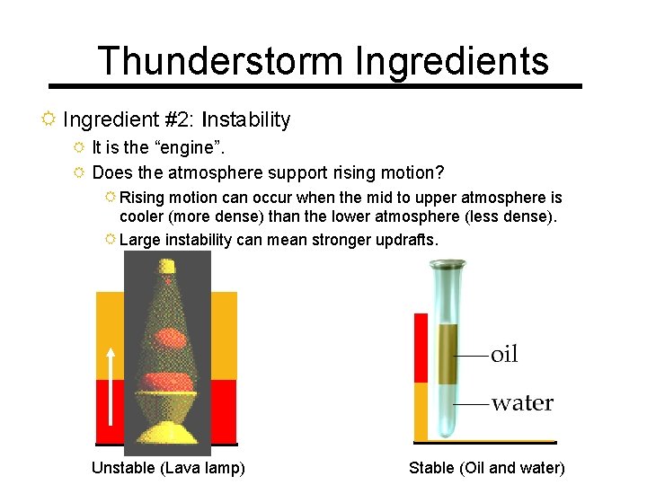 Thunderstorm Ingredients R Ingredient #2: Instability R It is the “engine”. R Does the